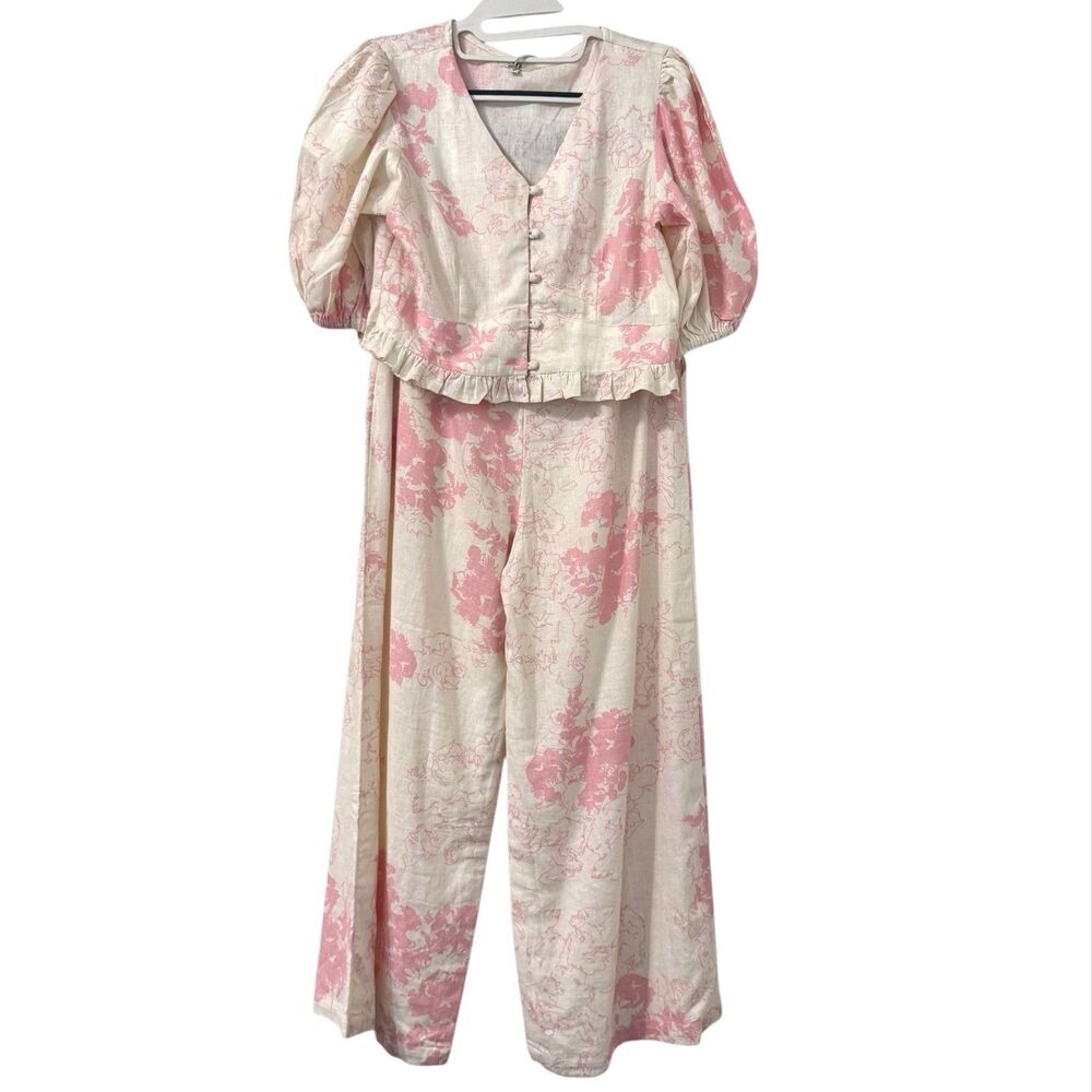 AND Pink Floral Set Top Size 8 Bottom Size 26 Linen Viscose Resort Wear Vacation